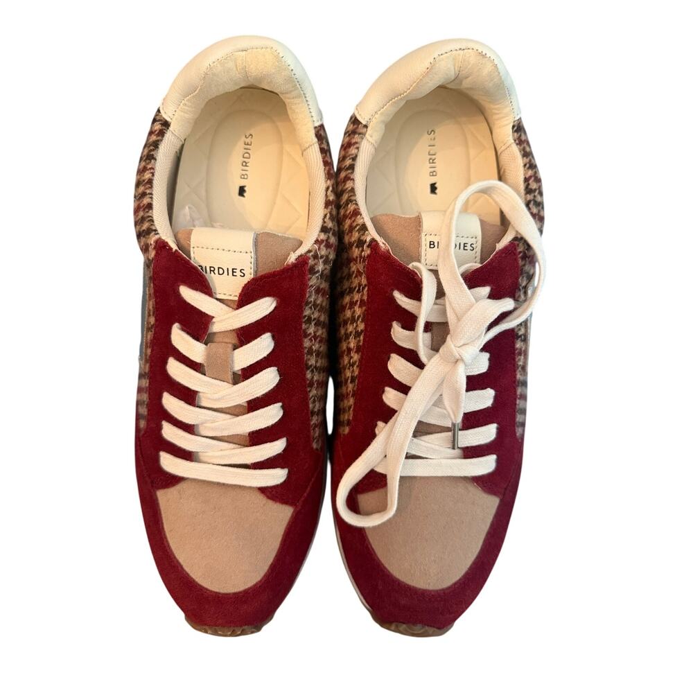 Birdies Womens Roadrunner Suede Houndstooth Sneakers Shoes 9.5 Burgundy Brown